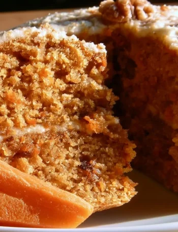 Torta di carote decorata con frutta e noci, dolce soffice e sano.
