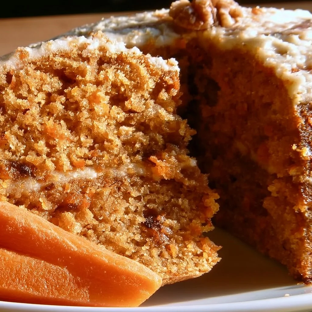 Torta di carote decorata con frutta e noci, dolce soffice e sano.
