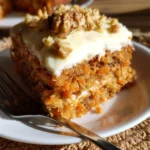 Foto di una torta di carote appena sfornata, decorata con crema e noci.