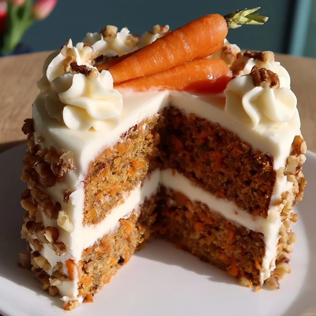 Fetta di torta di carote fresca con decorazione di noci