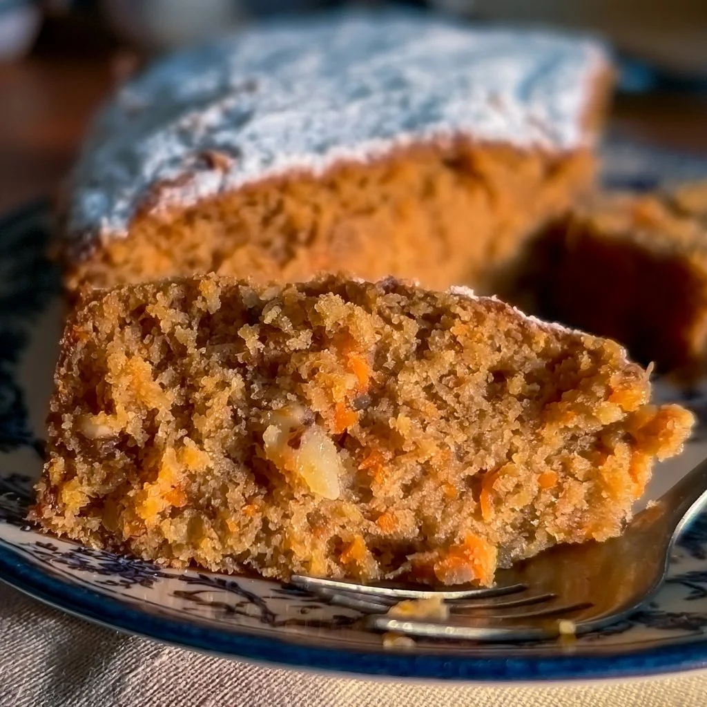 Fetta di torta di carote con crema frosting su un piatto.