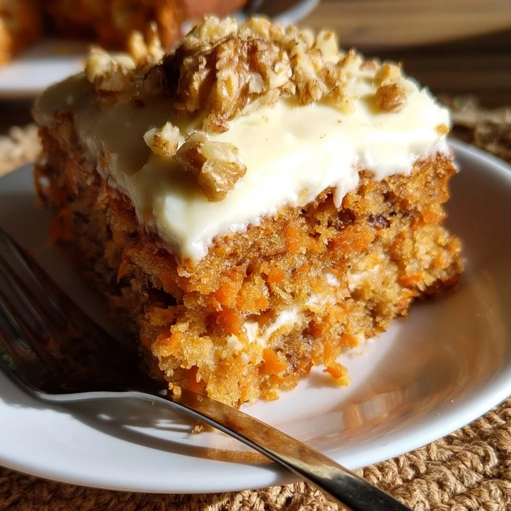 Fetta di Torta di Carote appena sfornata su un piatto bianco