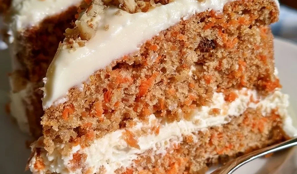 Fetta di Torta di Carote servita su un piatto con decorazioni di carote fresche