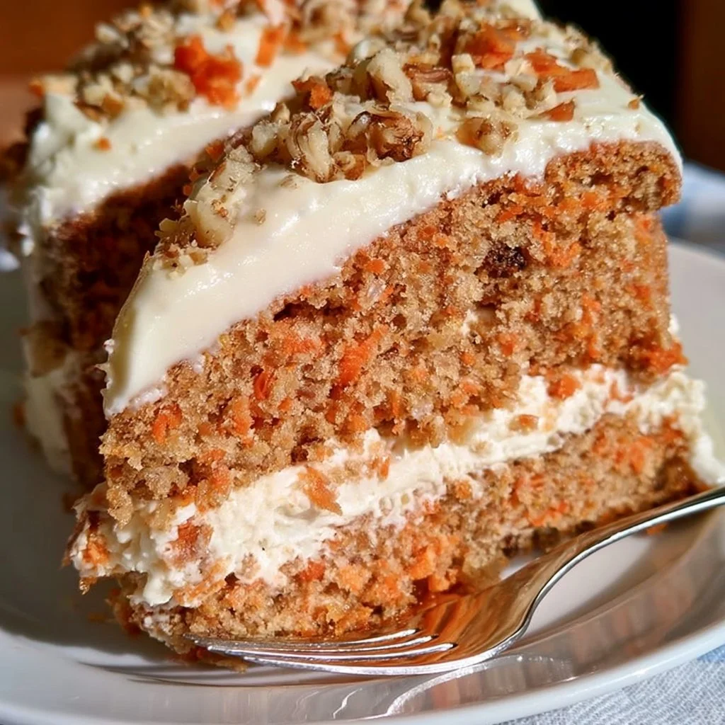 Fetta di Torta di Carote servita su un piatto con decorazioni di carote fresche