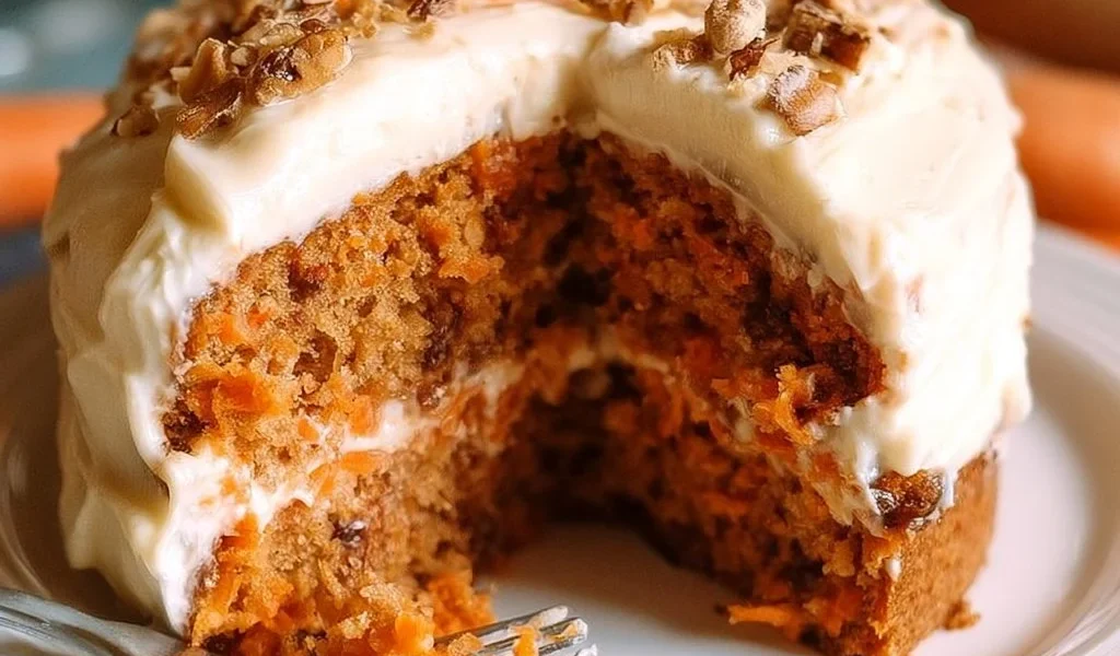 Torta di Carote servita con glassa e noci, dessert sano e gustoso