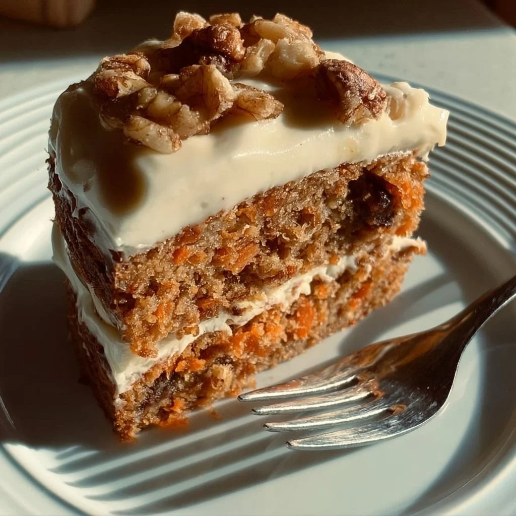 Fetta di Torta di Carote con decorazione di noci e carote grattugiate