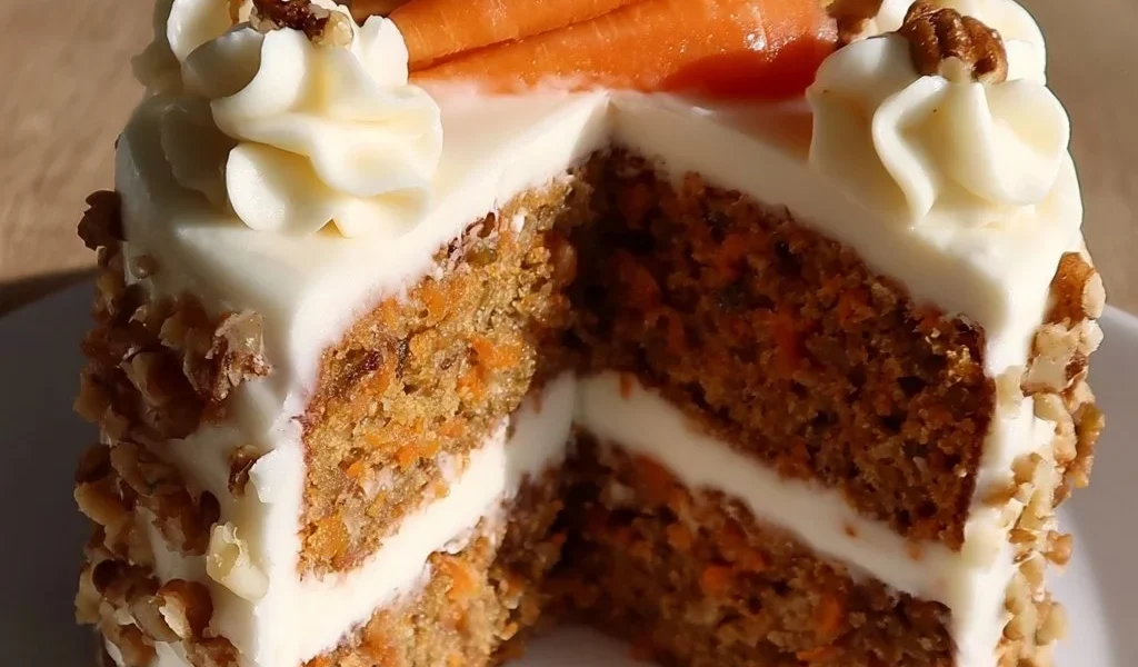 Fetta di torta di carote decorata con crema e noci