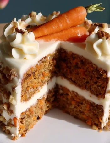 Fetta di torta di carote con decorazione di noci e carote fresche