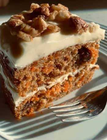 Fetta di Torta di Carote decorata con noci e glassa dolce