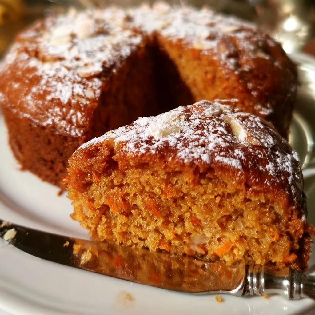 Torta di Carote e Mandorle decorata con mandorle tostate.