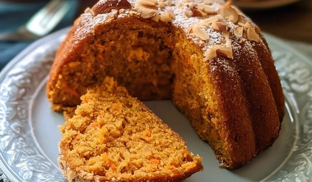 Fetta di torta di carote e mandorle su un piatto bianco