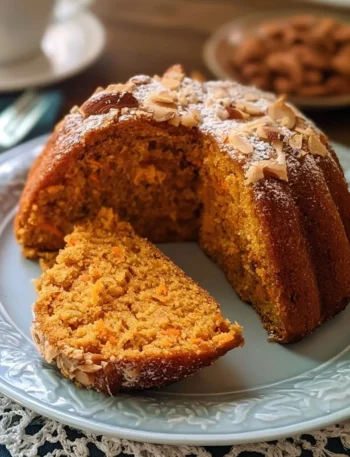 Fetta di torta di carote e mandorle su un piatto bianco