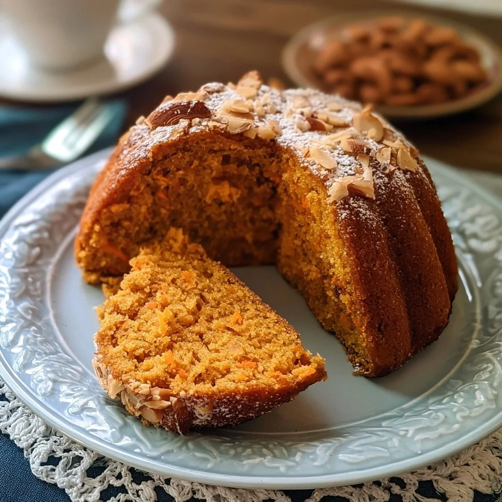 Fetta di torta di carote e mandorle su un piatto bianco
