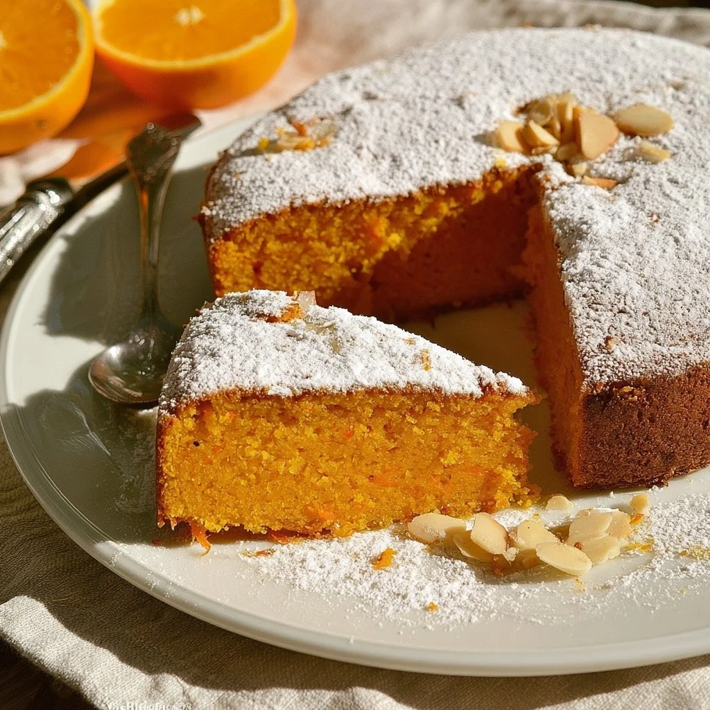 Torta di Carote e Mandorle all'Arancia decorata con fette d'arancia