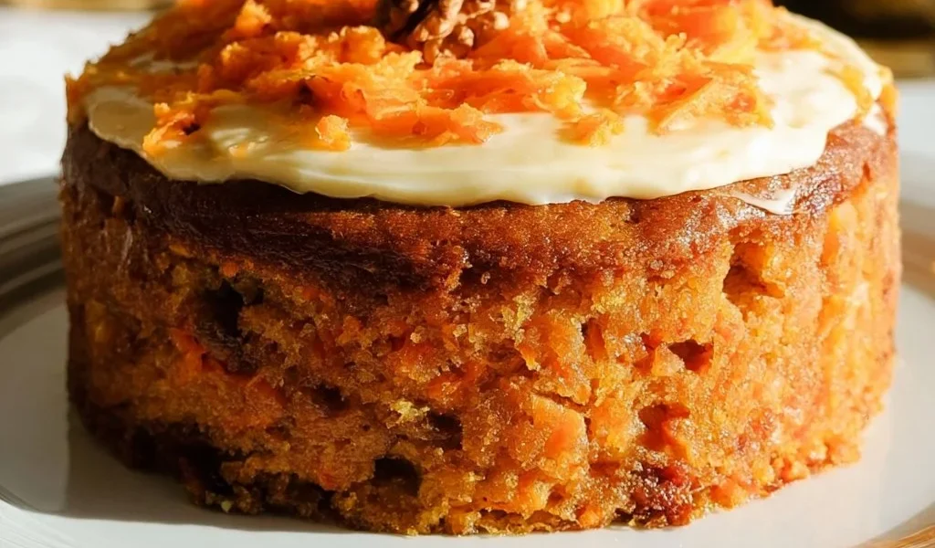 Fetta di torta di carote fatta in casa, soffice e invitante.