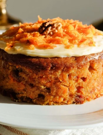 Fetta di torta di carote fatta in casa, soffice e invitante.