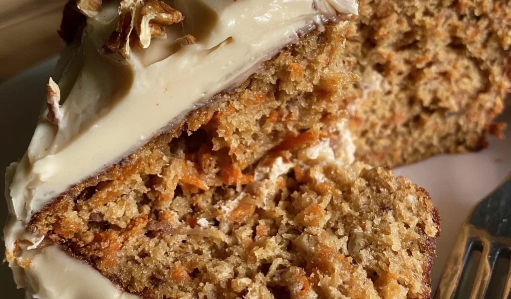 Torta di carote sana con glassa di acero montata decorata e servita