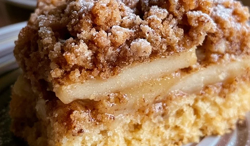 Torta di Mele con Crumble appena sfornata su un piatto bianco