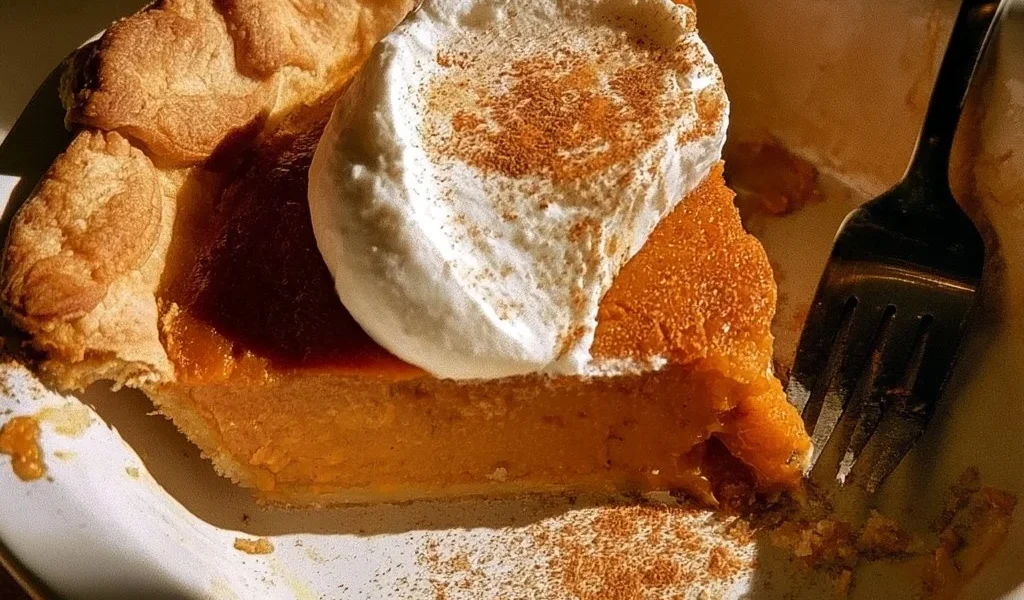Fetta di torta di zucca decorata con panna e spezie