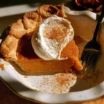 Fetta di torta di zucca decorata con panna e spezie