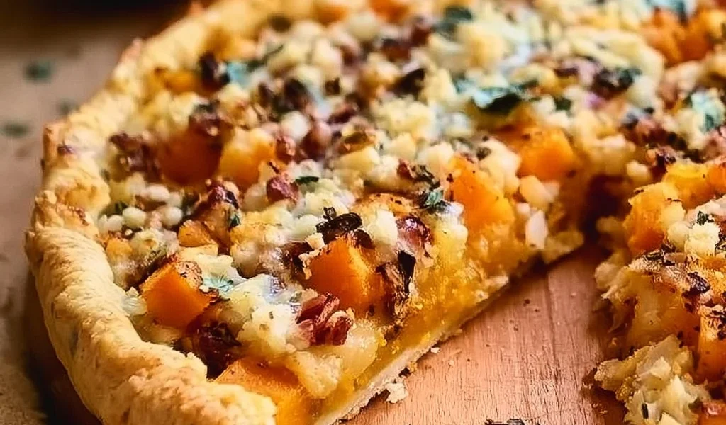 Torta salata con la zucca appena sfornata e guarnita