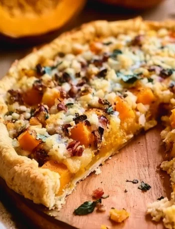 Torta salata con la zucca appena sfornata e guarnita