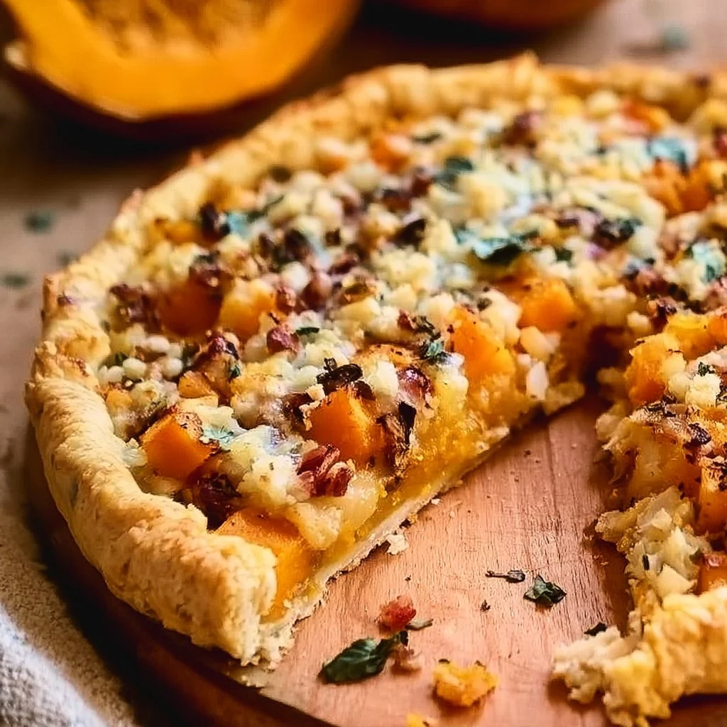 Torta salata con la zucca appena sfornata e guarnita