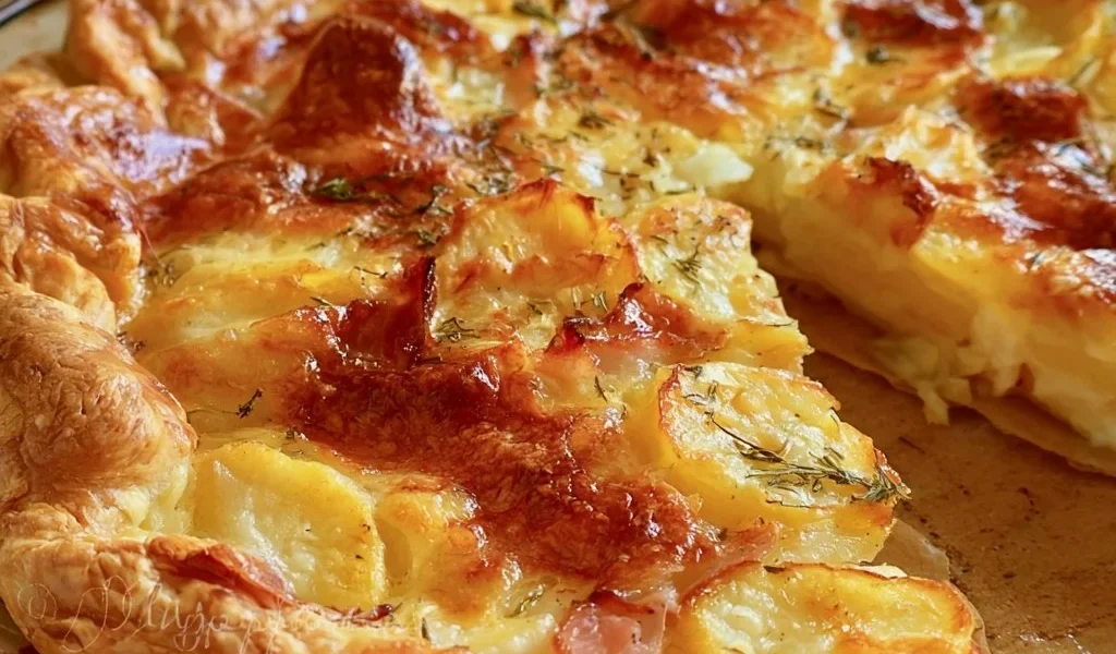Torta salata con patate appena sfornata, deliziosa e facile da servire.