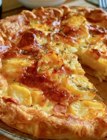 Torta salata con patate appena sfornata, deliziosa e facile da servire.