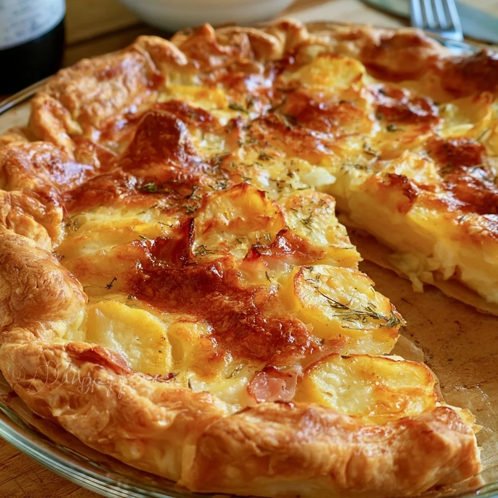 Torta salata con patate appena sfornata, deliziosa e facile da servire.