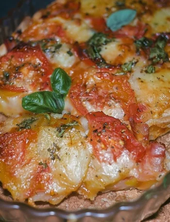 Tortino di Patate Pomodoro e Prosciutto servito in un piatto