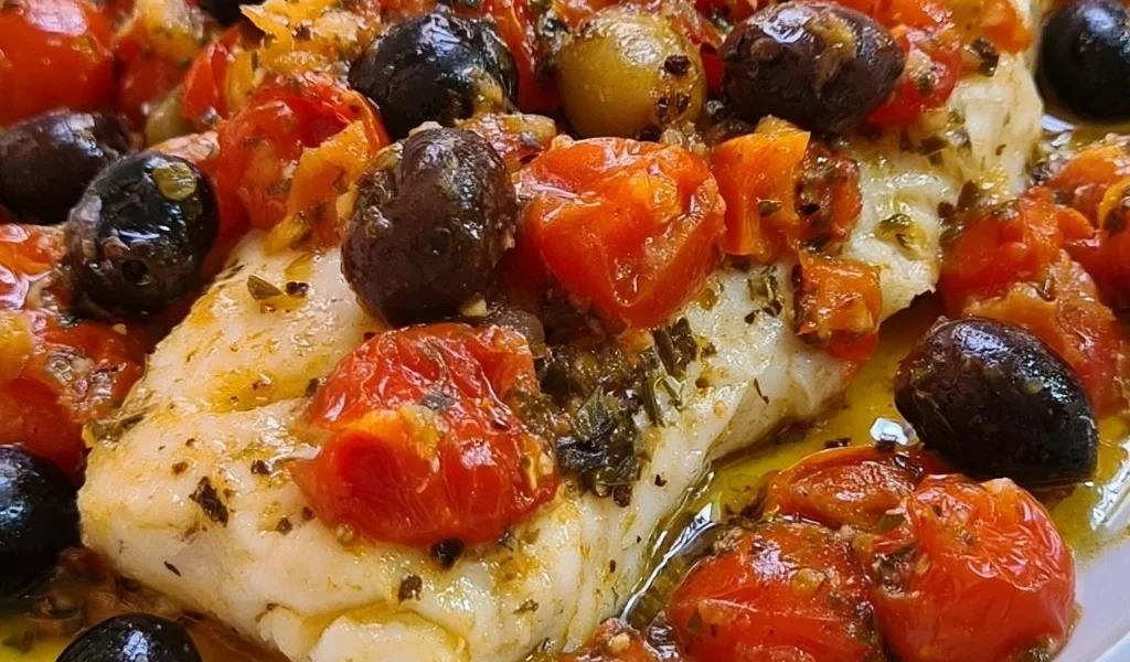 Trancio di merluzzo con pomodorini e olive di Gaeta servito su un piatto