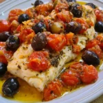 Trancio di merluzzo con pomodorini e olive di Gaeta servito su un piatto