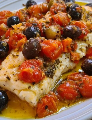 Trancio di merluzzo con pomodorini e olive di Gaeta servito su un piatto