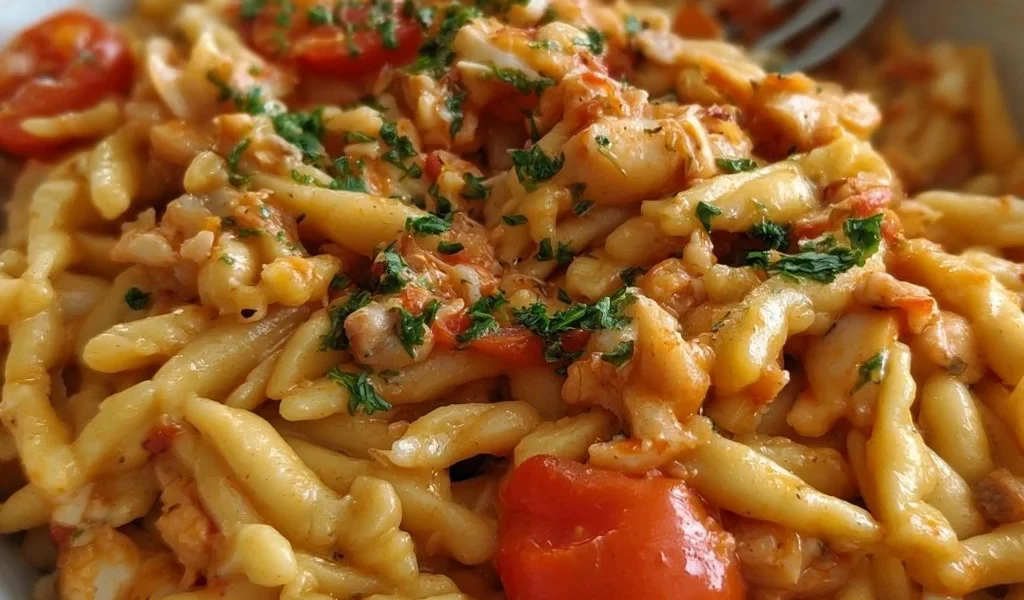Trofie al ragù di merluzzo servite con prezzemolo fresco