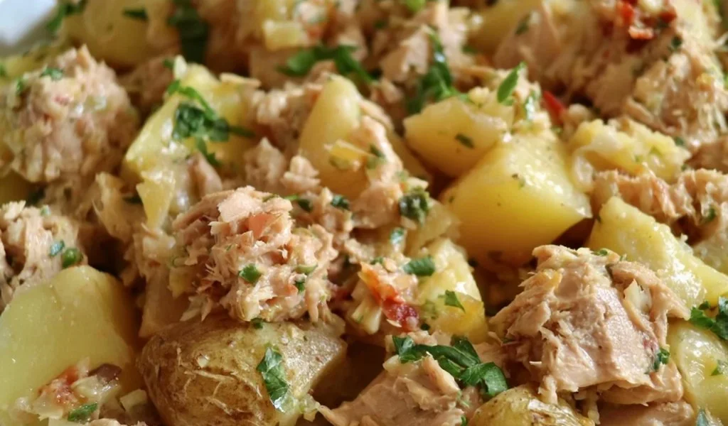 Delicious Tuna Potato dish served on a plate with herbs