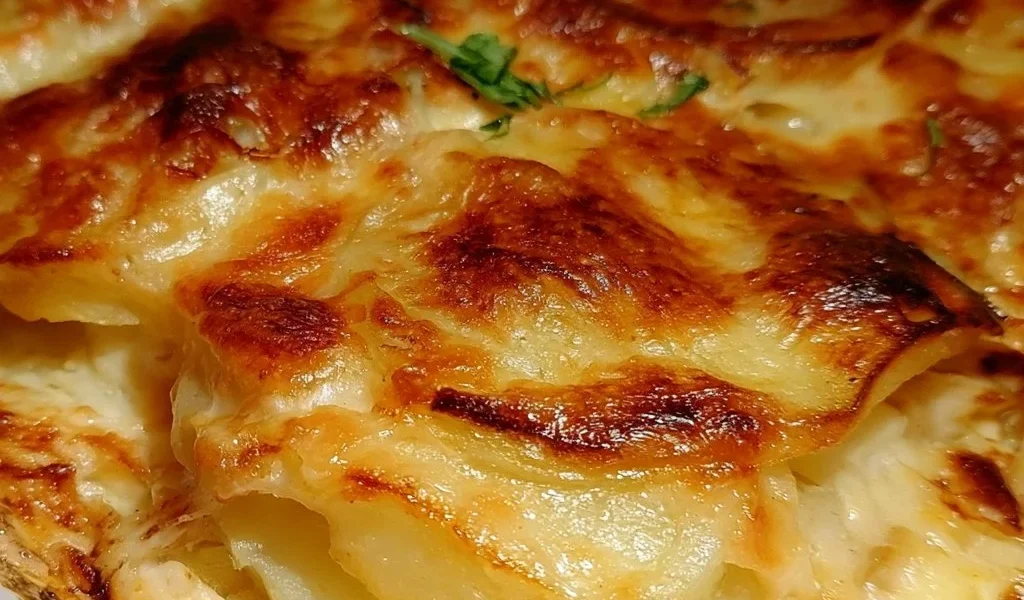 Creamy White Potato Parmesan recipe with golden cheese crust