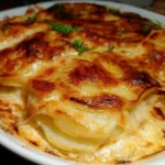 Creamy White Potato Parmesan recipe with golden cheese crust