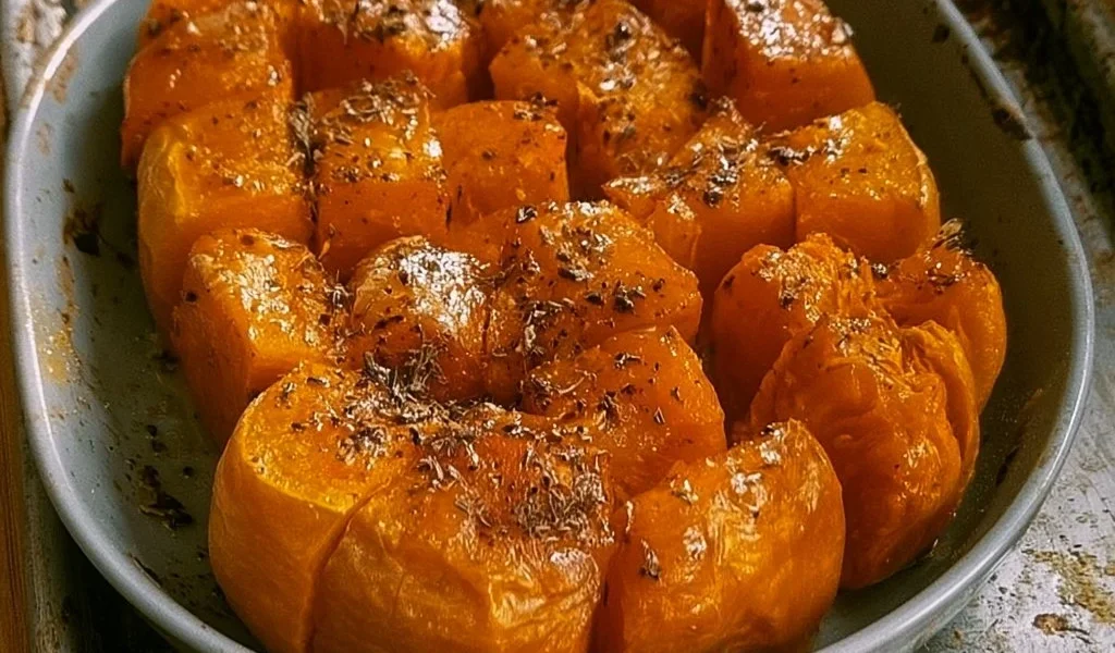 Zucca al forno con spezie e olio d'oliva, piatto autunnale salutare.