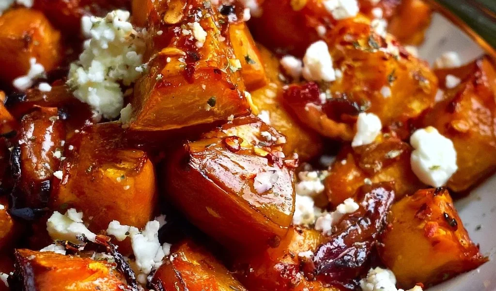 Zucca arrosto con sciroppo d'acero, peperoncino e feta in un piatto colorato