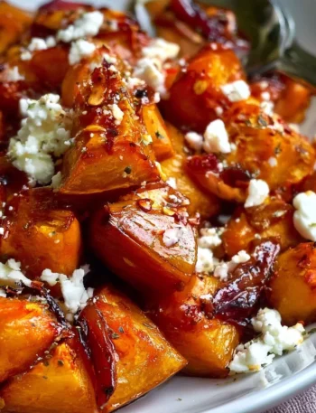 Zucca arrosto con sciroppo d'acero, peperoncino e feta in un piatto colorato