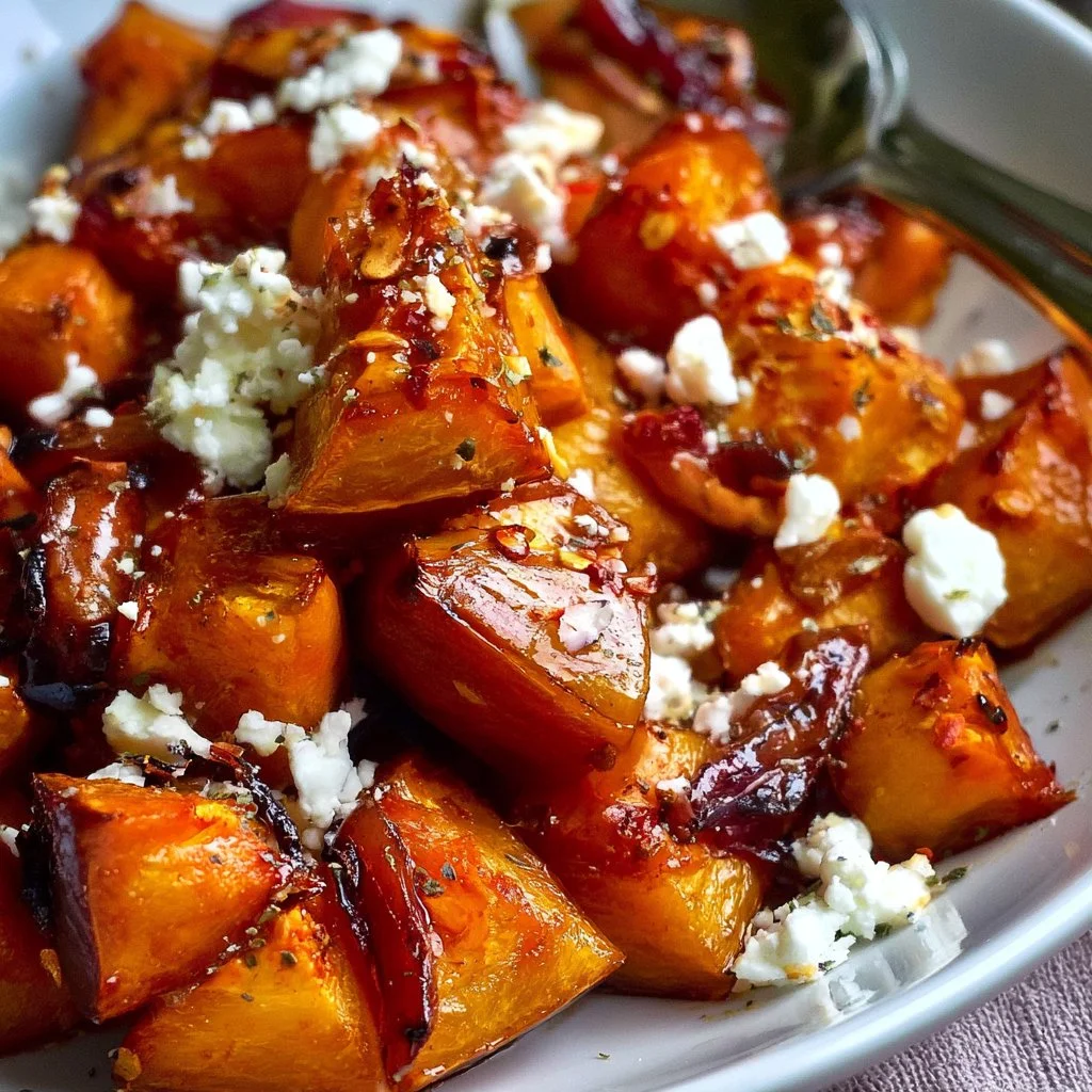 Zucca arrosto con sciroppo d'acero, peperoncino e feta in un piatto colorato