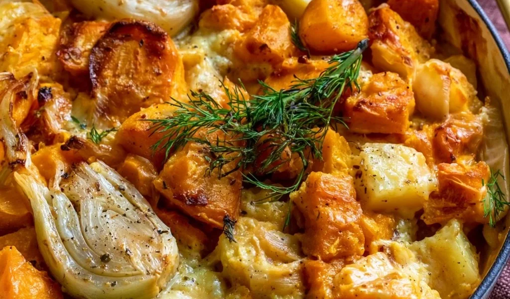 Zucca Patate e Finocchi gratinati, piatto invernale light con verdure fresche