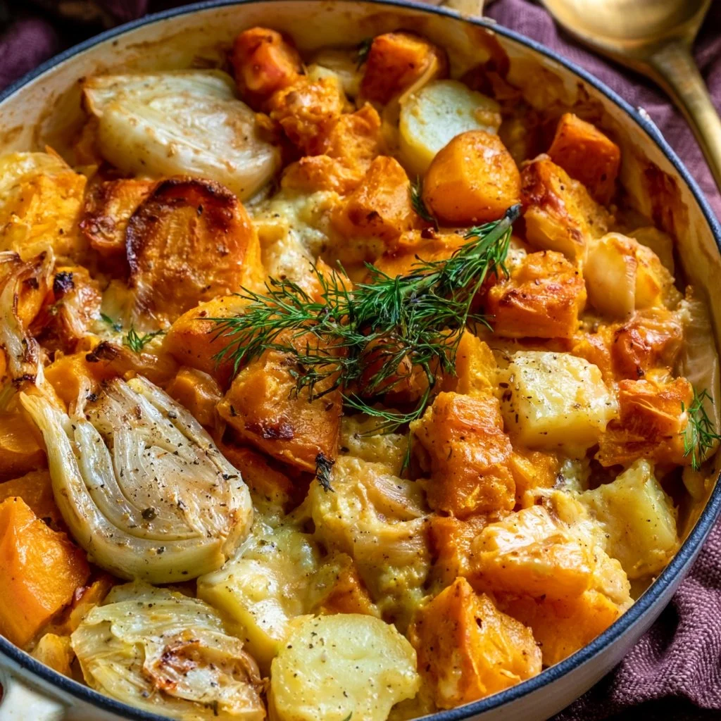 Zucca Patate e Finocchi gratinati, piatto invernale light con verdure fresche