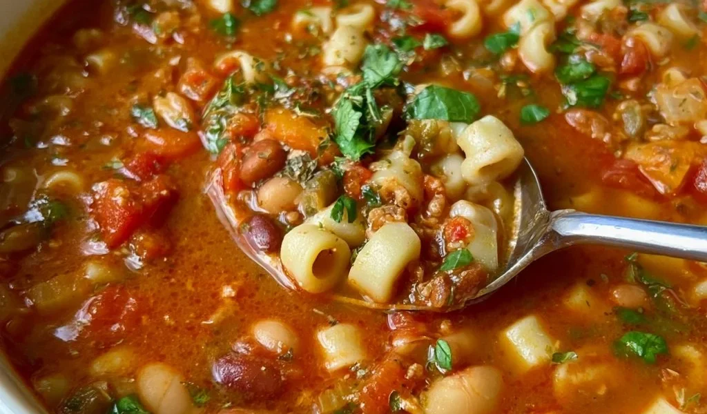 Zuppa di Pasta e Fagioli con fagioli e pasta fresca servita in una ciotola