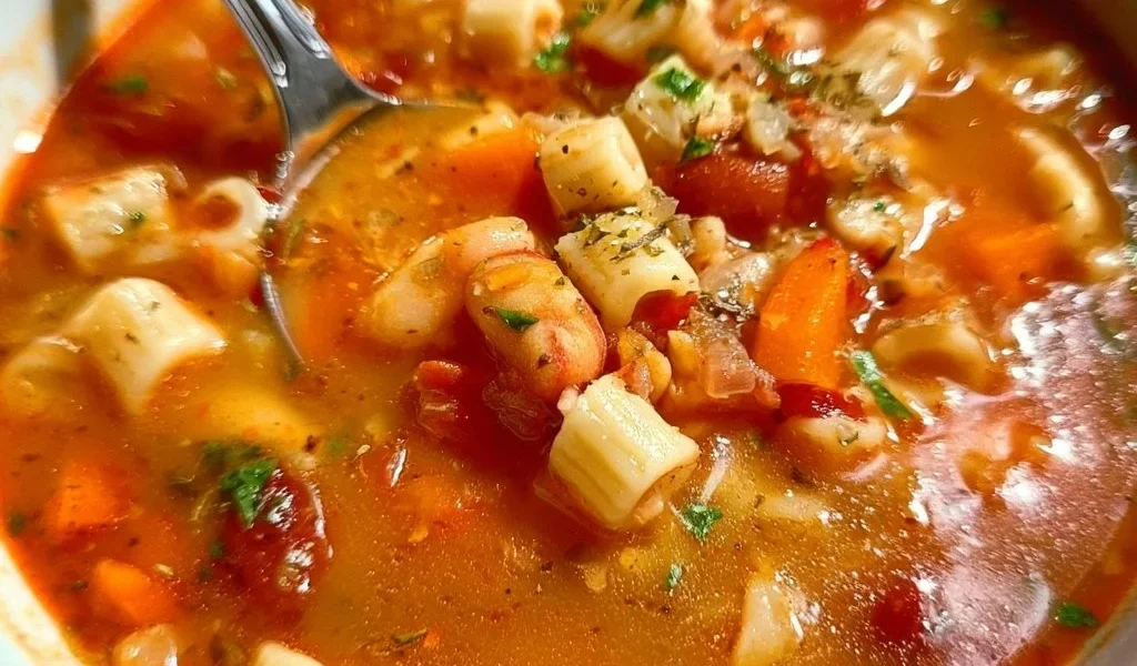 Zuppa di Pasta e Fagioli servita in una ciotola con pane croccante sul lato.