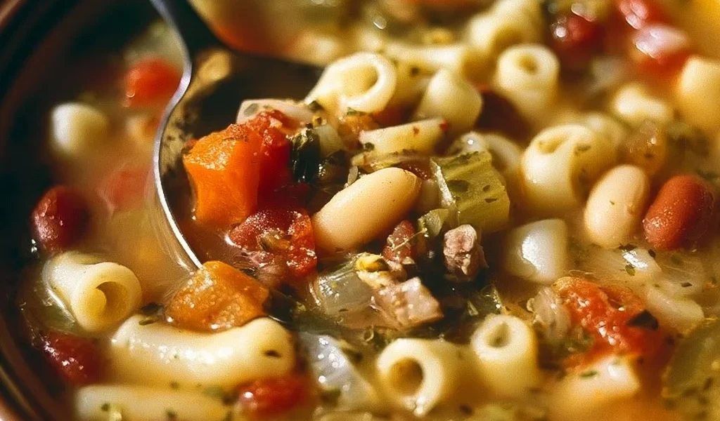 Pasta e Fagioli della Nonna servita in ciotola con erbe fresche