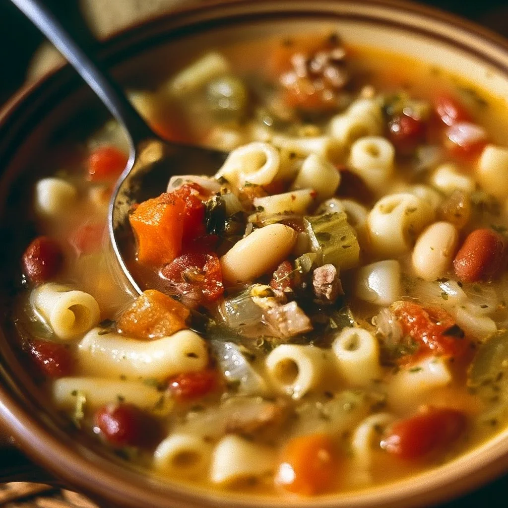 Pasta e Fagioli della Nonna servita in ciotola con erbe fresche