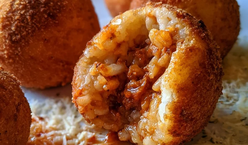 Deliziosi arancini siciliani al ragù serviti con salsa di pomodoro.