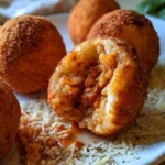 Deliziosi arancini siciliani al ragù serviti con salsa di pomodoro.